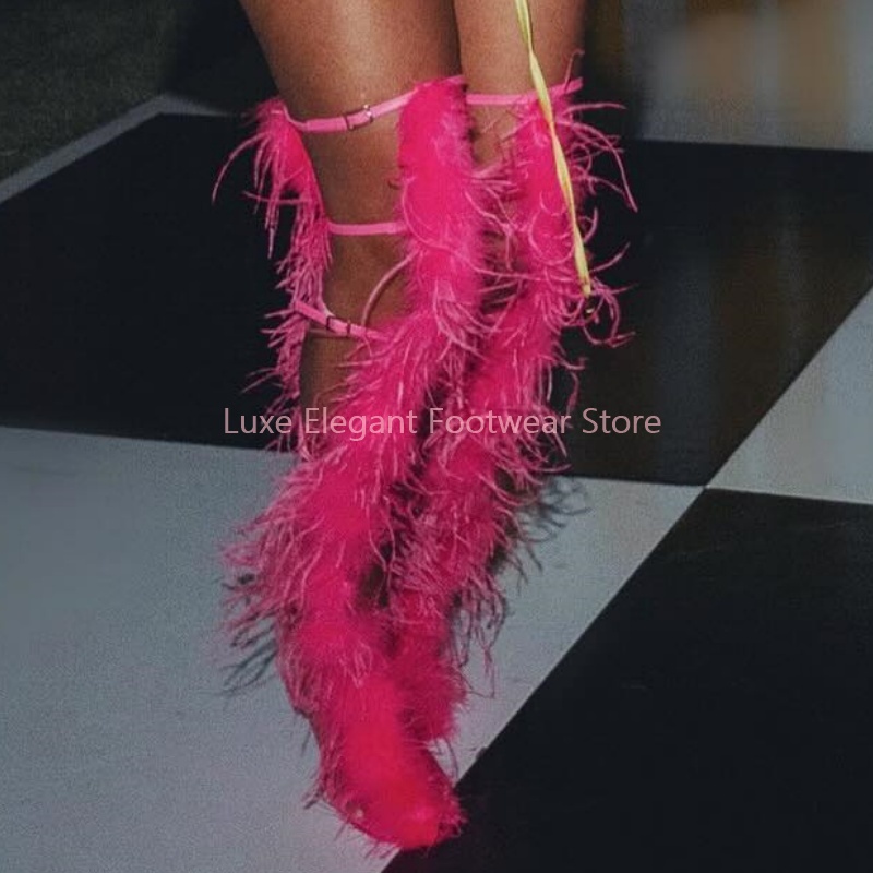 Pink Feather Strappy Hollow Bu - Knee High Boots Women 评论和价格